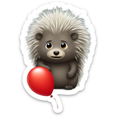 Small sad porcupine holding a big red balloon sticker