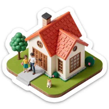 skeuomorphic icon of a modern house with a family (parents, child) and a cat on the porch, glossy and detailed sticker