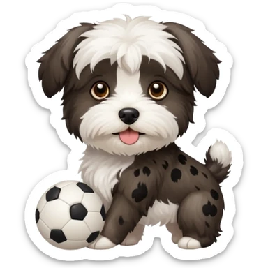 white Havenese with black spots dog standing with small ball sticker