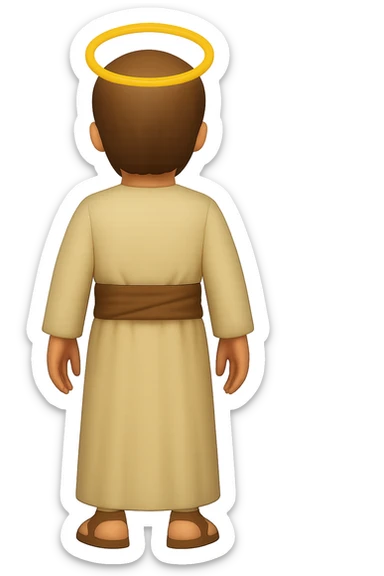Back view, centered full body, facing away, classic emoji style of apostle Peter with short hair, no hood, arms down by sides, smiling, expressive face, halo, wearing long sleeve robe with brown sash, no background. sticker
