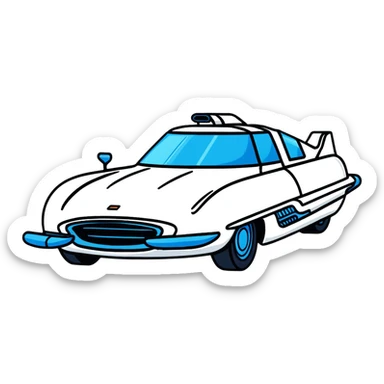 Retro-futuristic hover car inspired by the DeLorean, gullwing doors, silver metallic body with blue-tinted windows, stylized jet boosters in the back, flat vector style, outlined shapes, minimal design sticker