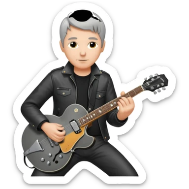a short grey hair, middle age metal head with black leather, playing a classic epiphone eletric guitar sticker