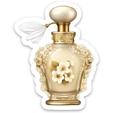 Vintage perfume bottle in antique Greek style, white and beige, oil perfume inside, sequins and flowers fluttering around sticker