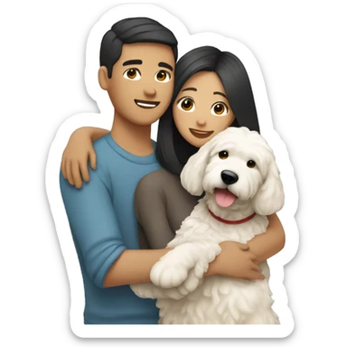 asian couple with straight hair hugging with a big white goldendoodle sticker