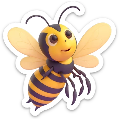 A bee, facing left, with a neutral expression, detailed texture on its body, and slightly blurred wings. sticker