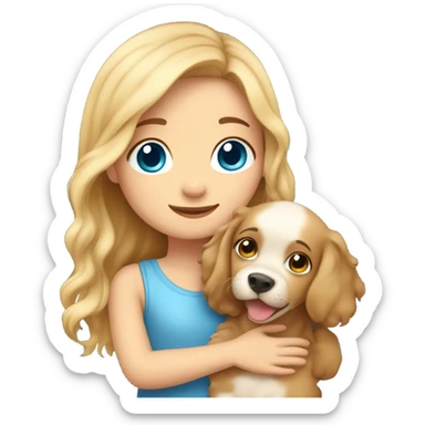 Please create a girl who hugs her pet doggie. The girl has a cute face and so does the doggie. The girl has light skin, blue eyes and light wavy long hair. sticker