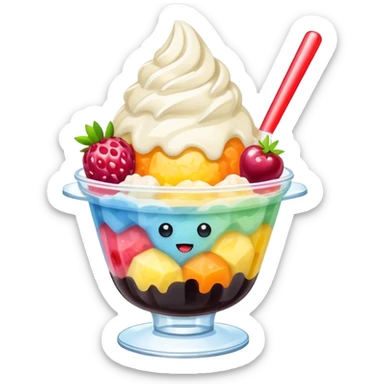 Taiwanese shaved ice dessert with boba, fruit, and condensed milk sticker
