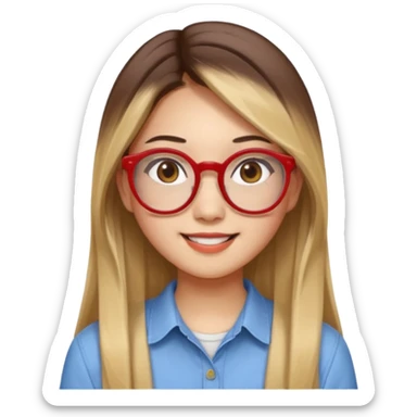 20 yr old asian woman, straight thick long brown hair, blond at ends of hair, center part to hair, big red glasses, brown eyes, casual shirt sticker