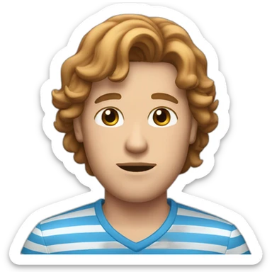 a male white human with brown puffy  hair, a blue shirt with two pink stripes on it black pants and eyes-closed and mouth straight sticker