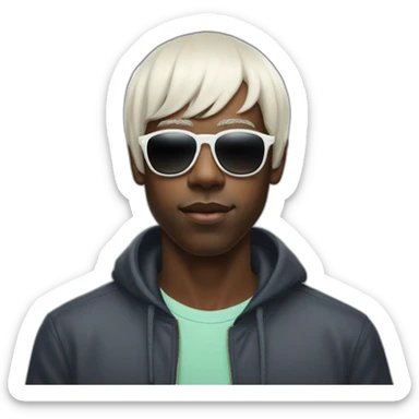 tyler the creator with a short white wig and dark sunglasses looking with a sstraight face sticker