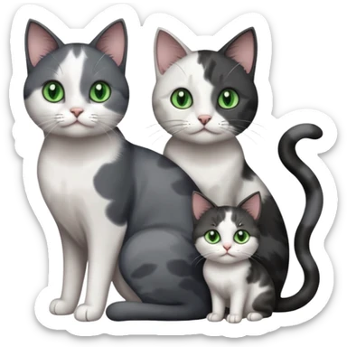 3 different coloured small cats including a dark grey and white, and a patchy calico and a completely solid dark grey with green eyes and only white paws sticker