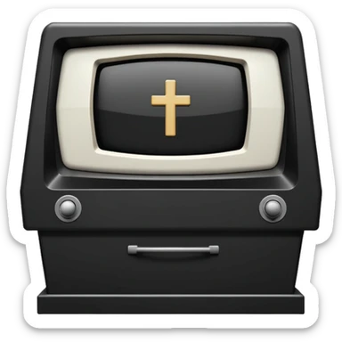 Minimalist emoji-style sticker of a CRT TV in the shape of a coffin, with a cross or static noise on the screen. Desaturated design.  sticker