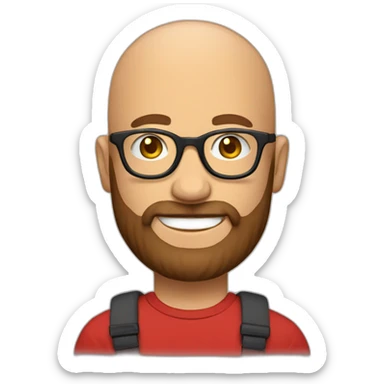 Bald man smiling with glasses and big bushy brown beard with. Wearing red t shirt sticker