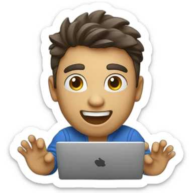 SUPER EXCITED designer with laptop with rasied hand and wohoing sticker