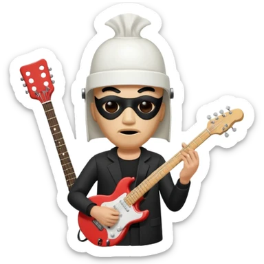 guitarist wearing a white bucket on his head, with two eye holes, a blank expression, and a small theatrical mask on the bucket. He’s holding an electric guitar, dressed in a simple black outfit, giving off a mysterious but playful rock legend vibe, kfc bucket on his head sticker