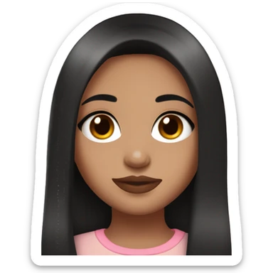  a teenage girl with black long hair/red highlights, brown eyes, medium lashes,light pink lips with lipgloss sticker