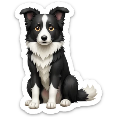 cinematic-[border collie dog]-realistic-full-body-sitting-emoji,-tail-resting-loosely-beside-its-paws,-head-tilted-dramatically,-scruffy-[black and white]-fur,-simplified-yet-realistic-focused-features,-highly-detailed,-glowing-with-an-almost-sarcastic-glow sticker