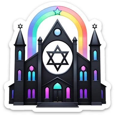 jewish synagogue temple in dark goth aesthetic style with black building and very light rainbow tint glass windows and star of david and celestial symbolism sticker