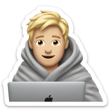 blonde guy snuggled up in cozy grey blanket with MacBook  sticker