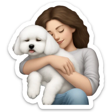 White dog Bichon Frise sleeping on brunette white girl's lap sticker