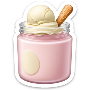 ultra realistic round single scoop of vanilla bean ice cream in light pink short jar sticker
