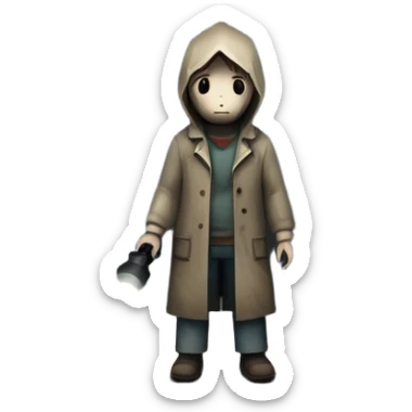 An icon depicting a dark, foggy street with eerie, abandoned buildings, inspired by Silent Hill 2. The design features a mysterious figure holding a flashlight, casting long shadows. A chilling atmosphere is created by dim lighting and unsettling details. Transparent background. sticker