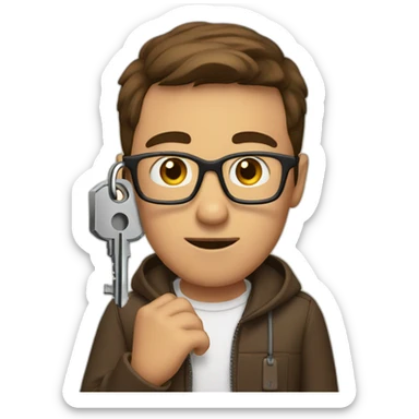 brown-short-haired man with glasses, struggling to fit a key into a lock door sticker