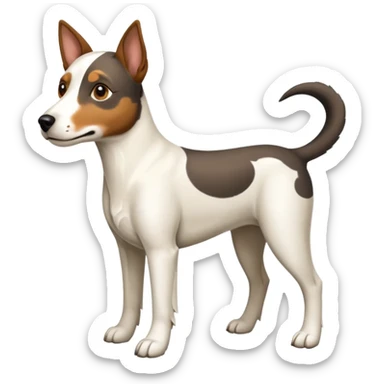 a full body large white floppy eared parson russell looking dog the size of a kelpie with light brown ears and a light brown patch on one eye and a large snout sticker