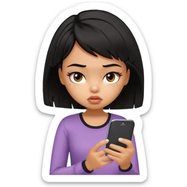 generate a pretty bratz girl with short black messuy hair, looking tired and using her phone sticker