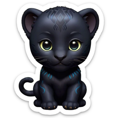 Cinematic Noble Baby black Panther Portrait Emoji, Poised with a touch of regal innocence, featuring a compact, sleek build with soft, dark fur and large, soulful eyes, Simplified yet sharp and sophisticated features, highly detailed, glowing with a gentle, mysterious glow, high shine, intelligent and endearing, stylized with an air of youthful authority, focused and attentive, soft glowing outline, capturing the essence of a tiny jungle guardian that appears ready to pounce out of the screen with effortless charm! sticker