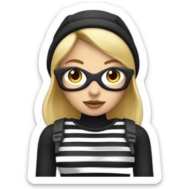 bank robber blonde woman with black beanie hat eye mask and striped shirt sticker