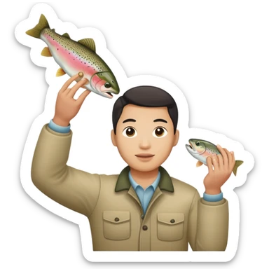 Asian guy holding up a trout sticker