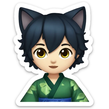  black hair dark blue long sleeve kimono cat ears outfit leaf on his head dark green eyes  sticker