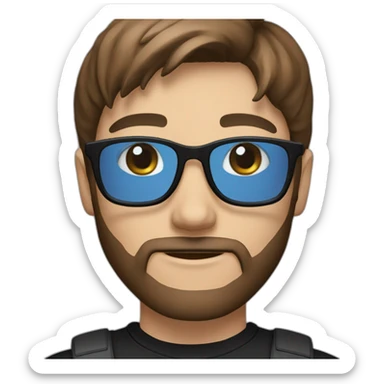 guy with straight long brown hair and blue eyes and transparent glasses and with beard and wears black tshirt and wears black cap sticker