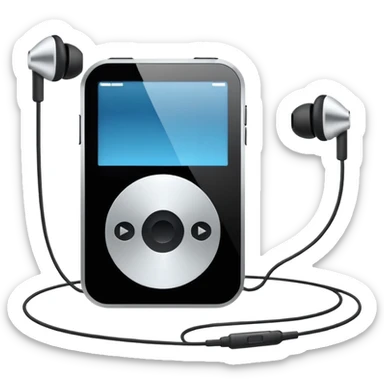 Futuristic iPod emoji with earphones, metallic black and white, smooth reflective surfaces, flat minimal vector design, clean UI style sticker