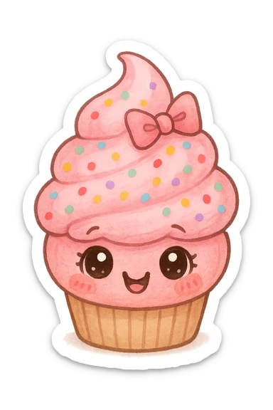 a cute pink cupcake with sprinkles and a bow, original design, big eyes, blushing cheeks, joyful sticker