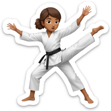 Ragazza castana che pratica karate, ha la cintura nera ed io tradizionale kimono bianco del karate, tira un calcio laterale oppure un pugno oppure è in posizione di guardia sticker