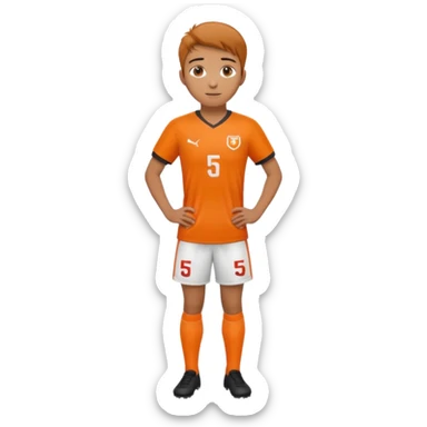 Apple iOS style 22 year old soccer player standing hands on waist, orange jersey #5, stadium lighting sticker