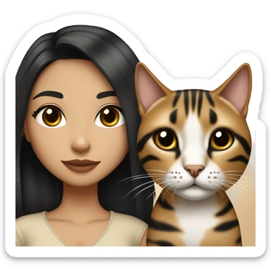 Girl with white skin, black eyes, shoulder length straight black hair, wears a beige blouse outfit, kissing a  bengal cat  sticker