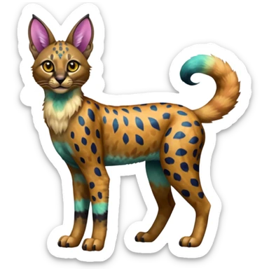 A Colorful iridescent exotic tropical tribal cute happy realistic esoteric patterned fluffy furry dark caracal-Lykoi-bobcat-sphynx-genet-serval-Fakémon-fursona-hybrid-fusion-animal-creature, full body, 4-legged sticker