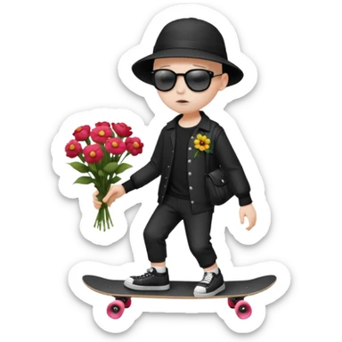 ["A sad boy with pale skin, bald, wearing a sunhat and sunglasses, dressed in goth fashion, is skateboarding while holding a flower bouquet."] sticker