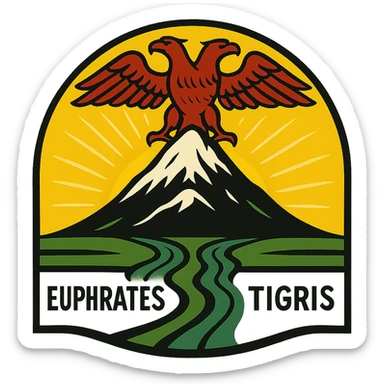 A symbolic logo depicting a snowy mountain on a mountain, a double-headed eagle with one head looking left, two rivers named Euphrates and Tigris flowing under the mountain, the sun behind, using yellow, red, and green as dominant colors. sticker