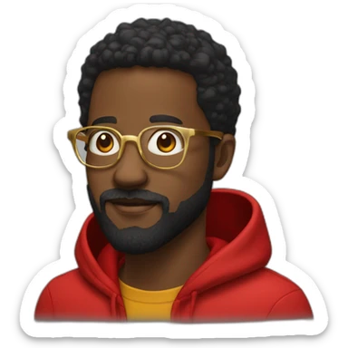 black man with beard, red hoodie, and gold framed glasses sticker