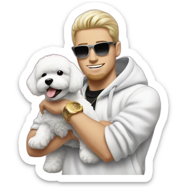 white male rapper flexing with a bichon sticker