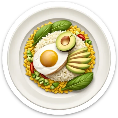 plato con pollo blanco asado en tiras, arroz blanco, rodajas de aguacate y maíz amarillo, vista desde arriba, fondo blanco, estilo simple. sticker