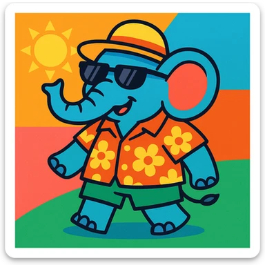 an elephant wearing summer clothes, sunglasses, and a sun hat, in a fun and colorful style sticker