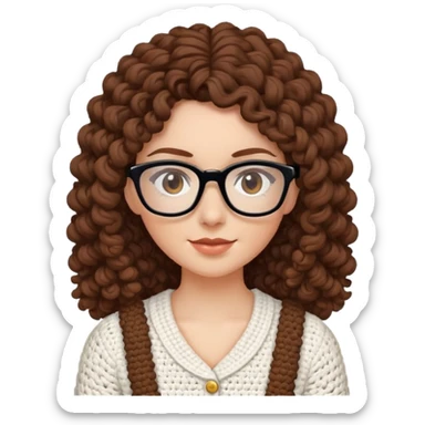 White female  Long Brown curly hair  Dark brown eyes  Small Square glasses  Crocheting sticker