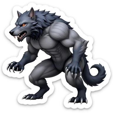 cinematic-noble-fierce-werewolf-full body on all fours-emoji, poised-and-imposing, with a tall, lean, and muscular wolfish frame inspired by the brutal, imposing shape of the beast from Berserk, fur rippling in shades of midnight black and silver, massive paws with razor-sharp claws, elongated limbs and fangs, eyes glowing with an intense, primal ferocity, reflecting the untamed power of the wild moonlit night; rendered with realism like a wolf hunched over battle ready pose ready to attack sticker