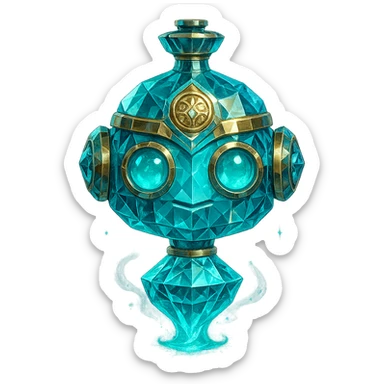 premium class crystal elixir bottle in the shape of a friendly robot head, cyan color, lots of glowing, facets, ornaments, golden details, magical effects, very small almost invisible neck, transparent background, beautiful merging bottom, clearly floating in the air, no base or shadow, very luxurious, playful, matching the collection sticker