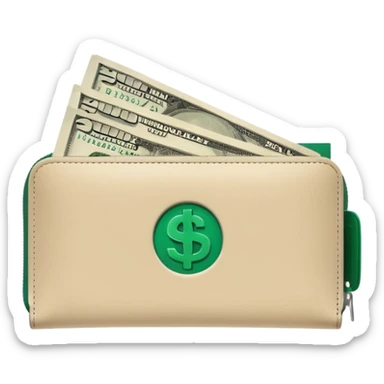 clean light beige wallet with dark green dollar bills sticking out, minimalist design, emoji style sticker